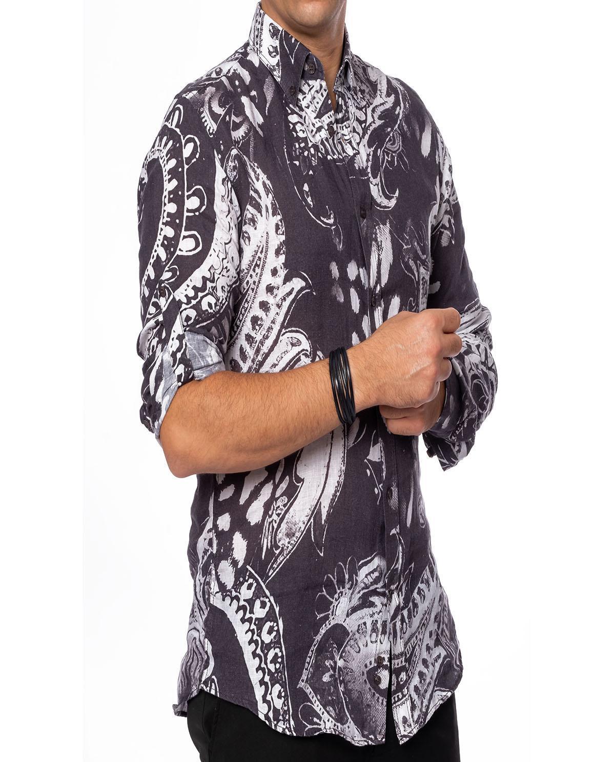 Chemise imprimée noire en lin