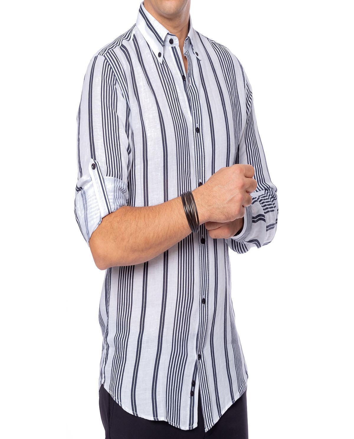 Chemise imprimée à rayures bleu nuit en lin