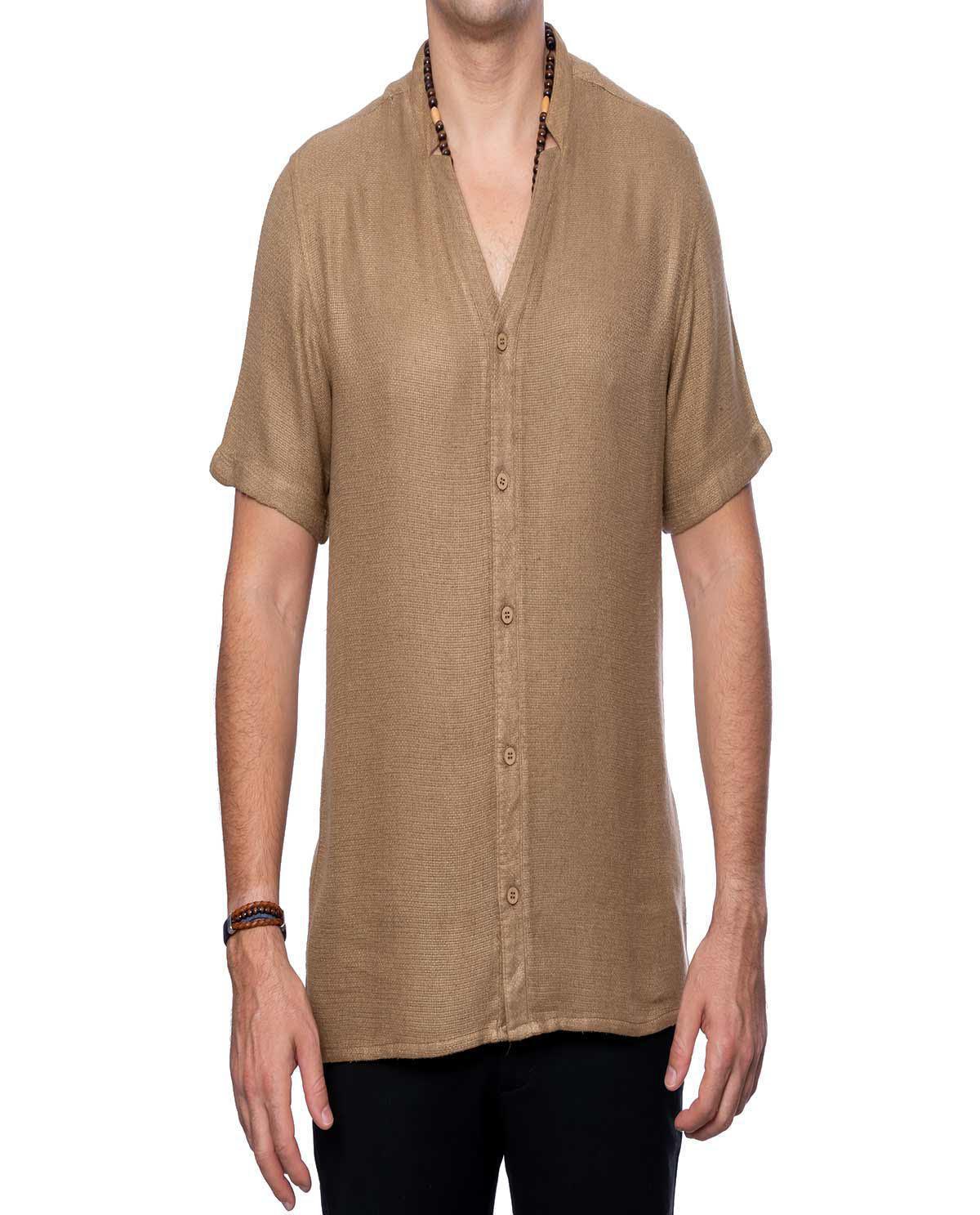 Chemise cardigan beige foncé demi-manches en coton