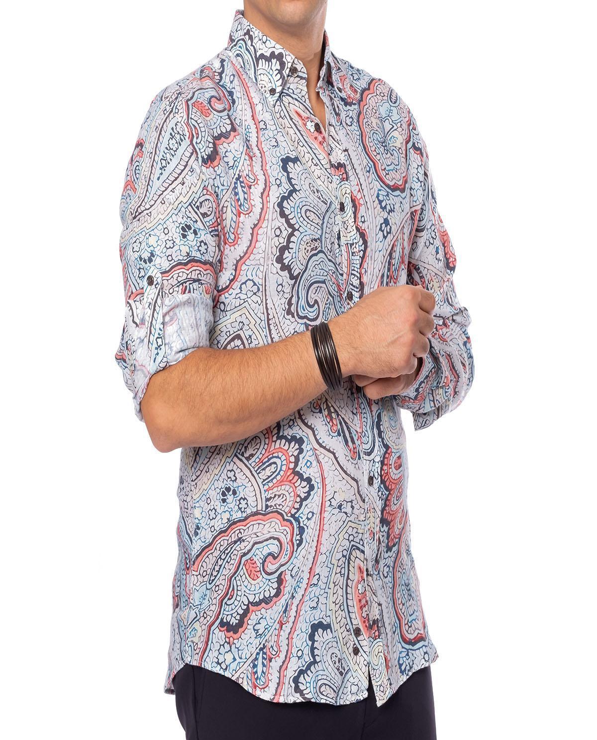Chemise imprimée à motifs rose corail en lin