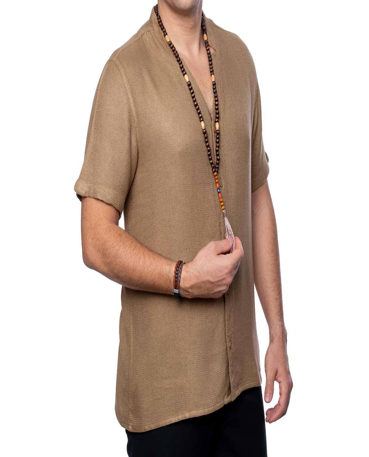Chemise cardigan beige foncé demi-manches en coton