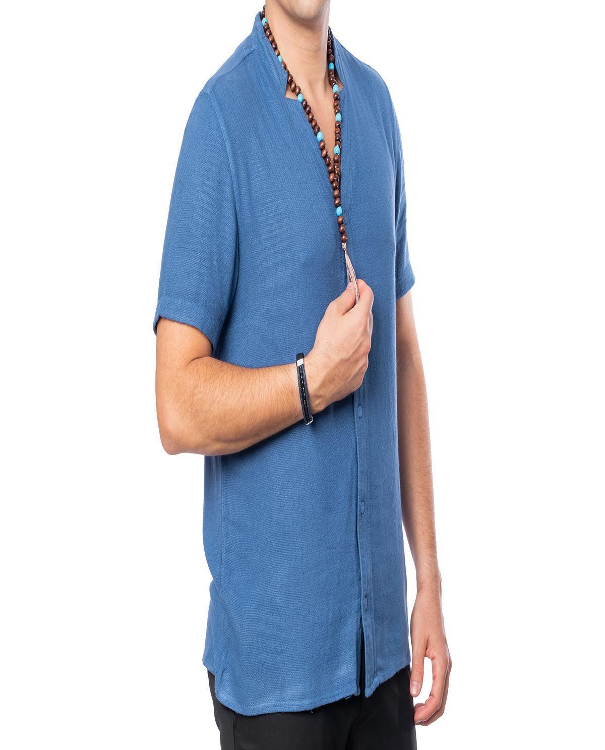Chemise cardigan bleu demi-manches en coton