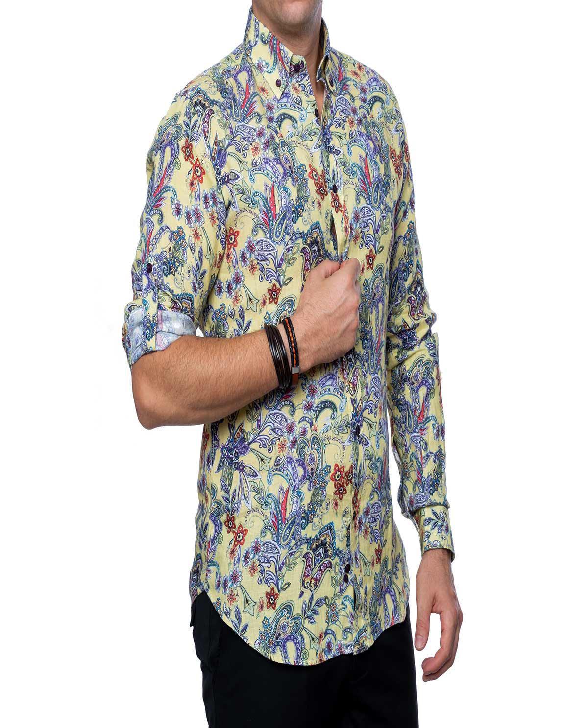 Chemise imprimée jaune en lin